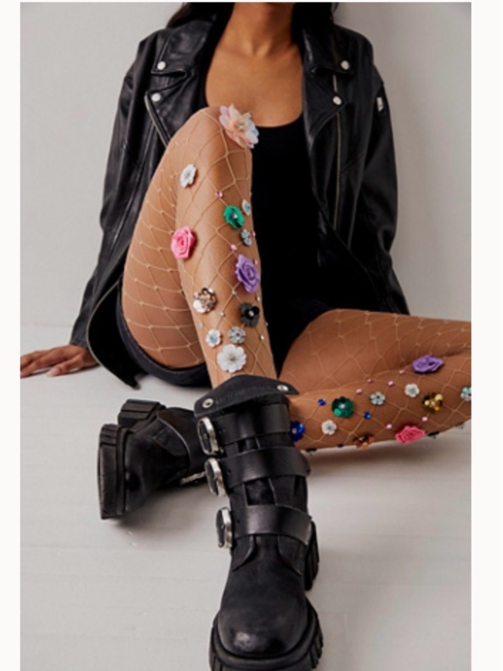 Free People Nude Fishnet Tights with Multicolor Floral Appliques